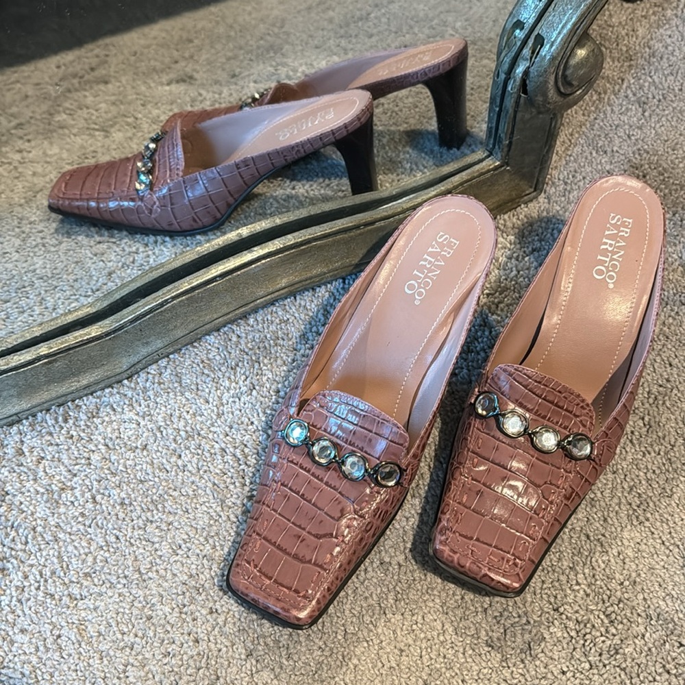 Franco Sarto Faux Animal Print Square Toe Jeweled Mules 7 1/2 Women’s